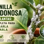 Cochinilla algodonosa en el tallo de una planta de interior con masas blancas algodonosas características
