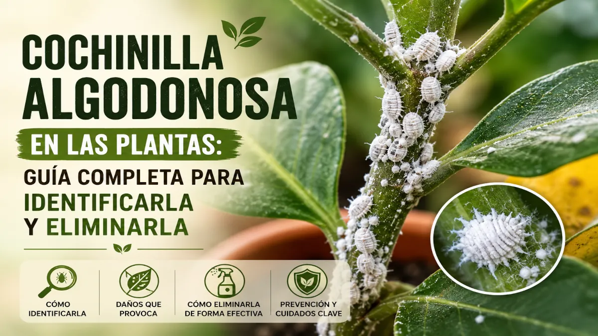 Cochinilla algodonosa en el tallo de una planta de interior con masas blancas algodonosas características