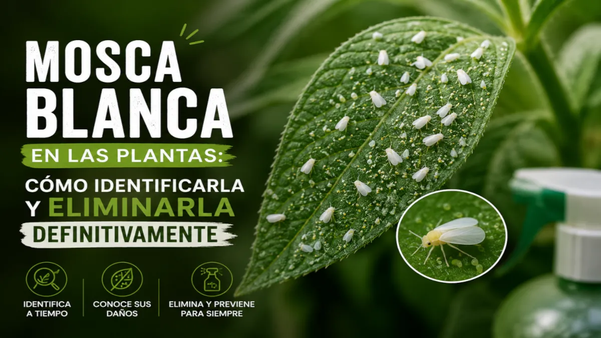 Mosca blanca en las plantas: hoja infestada con detalle ampliado del insecto adulto