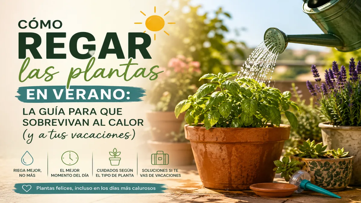 Riego de plantas en verano a primera hora de la mañana con regadera